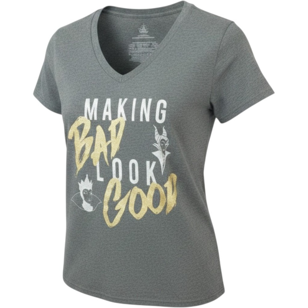Disney Villains T-Shirt Making Bad Look Good V-Neck Gray Plus Size 2XL